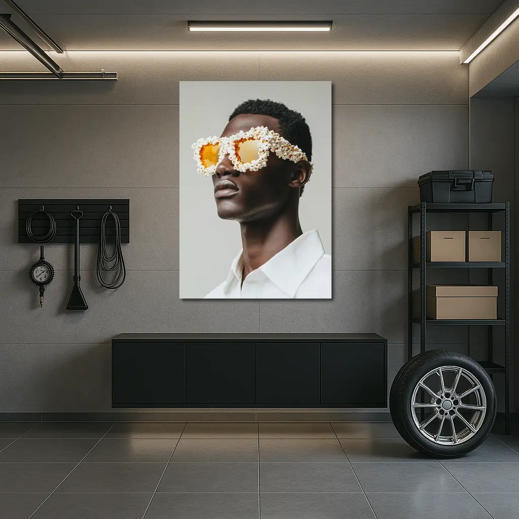 Popcorn Covered Sunglasses Man White Background – Wall Art