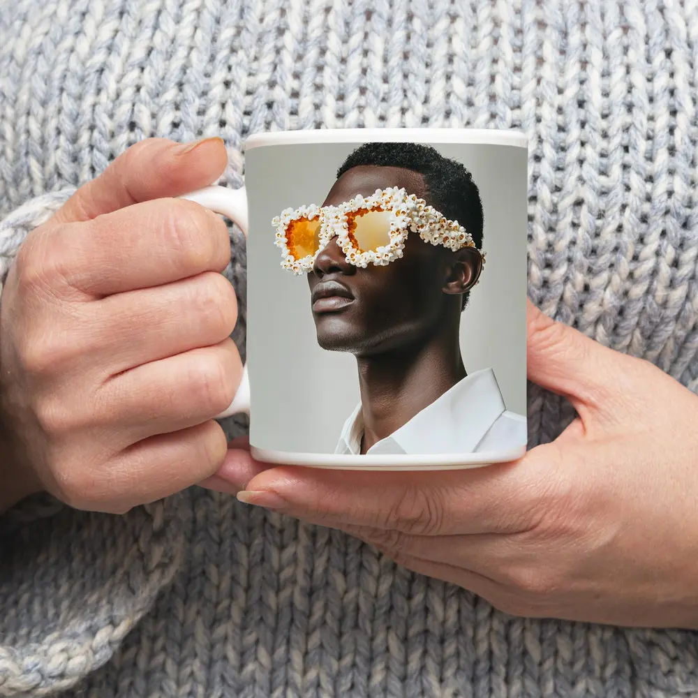 Popcorn Covered Sunglasses Man White Background – Mugs