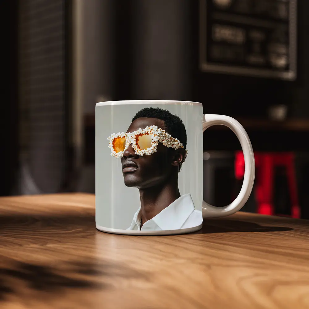 Popcorn Covered Sunglasses Man White Background – Mugs
