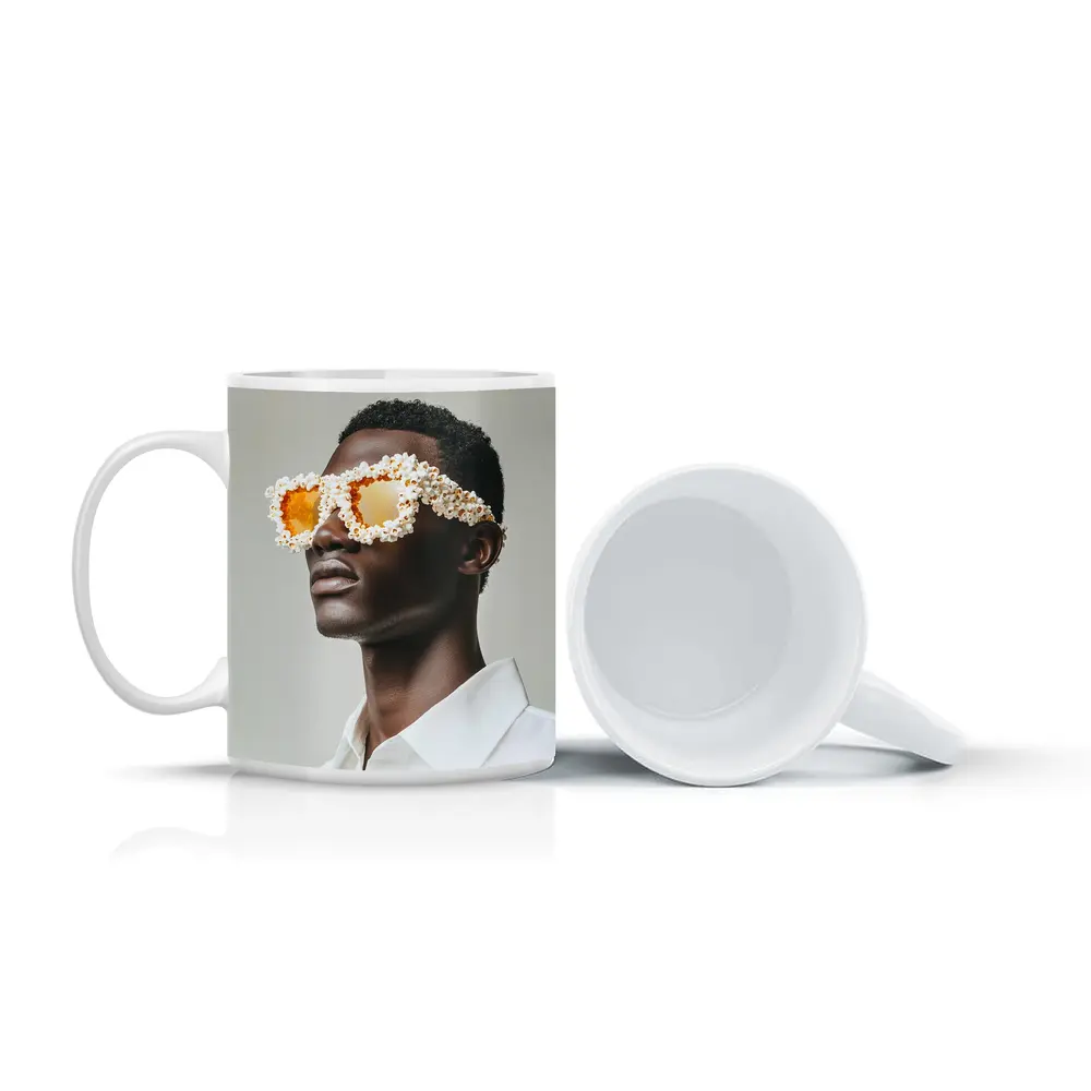 Popcorn Covered Sunglasses Man White Background – Mugs