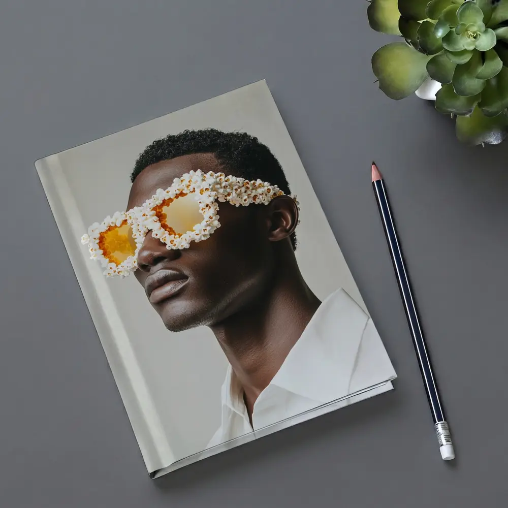 Popcorn Covered Sunglasses Man White Background – Notebooks