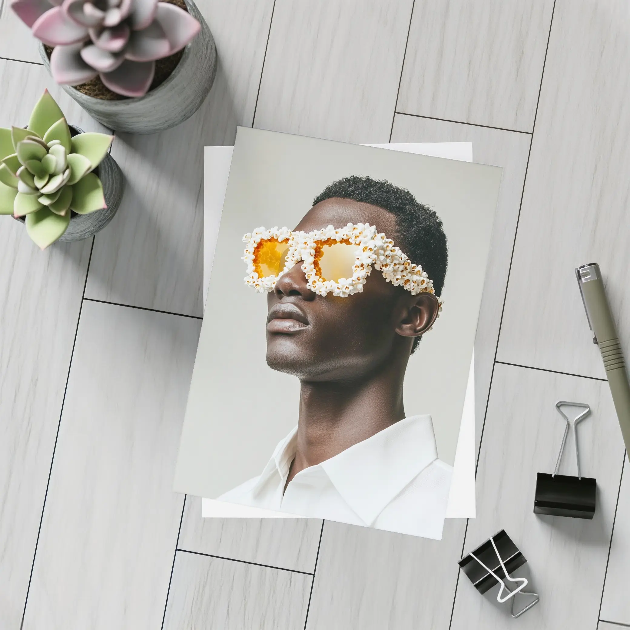 Popcorn Covered Sunglasses Man White Background – Postcards