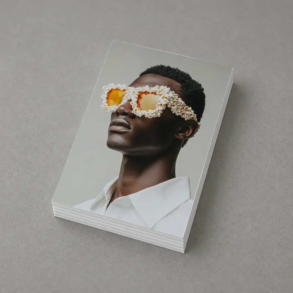 Popcorn Covered Sunglasses Man White Background – Postcards