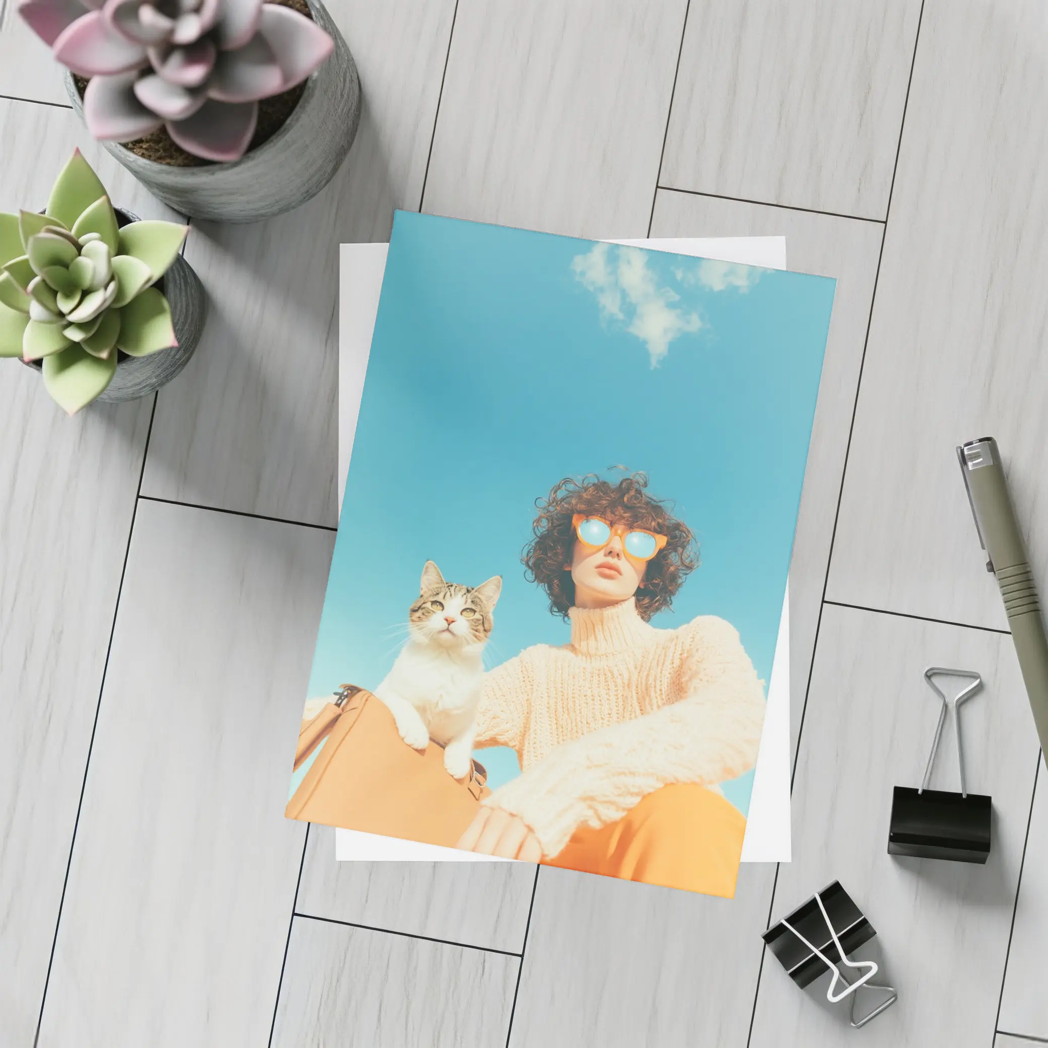 Woman With Cat Blue Sky Summer – Postcards