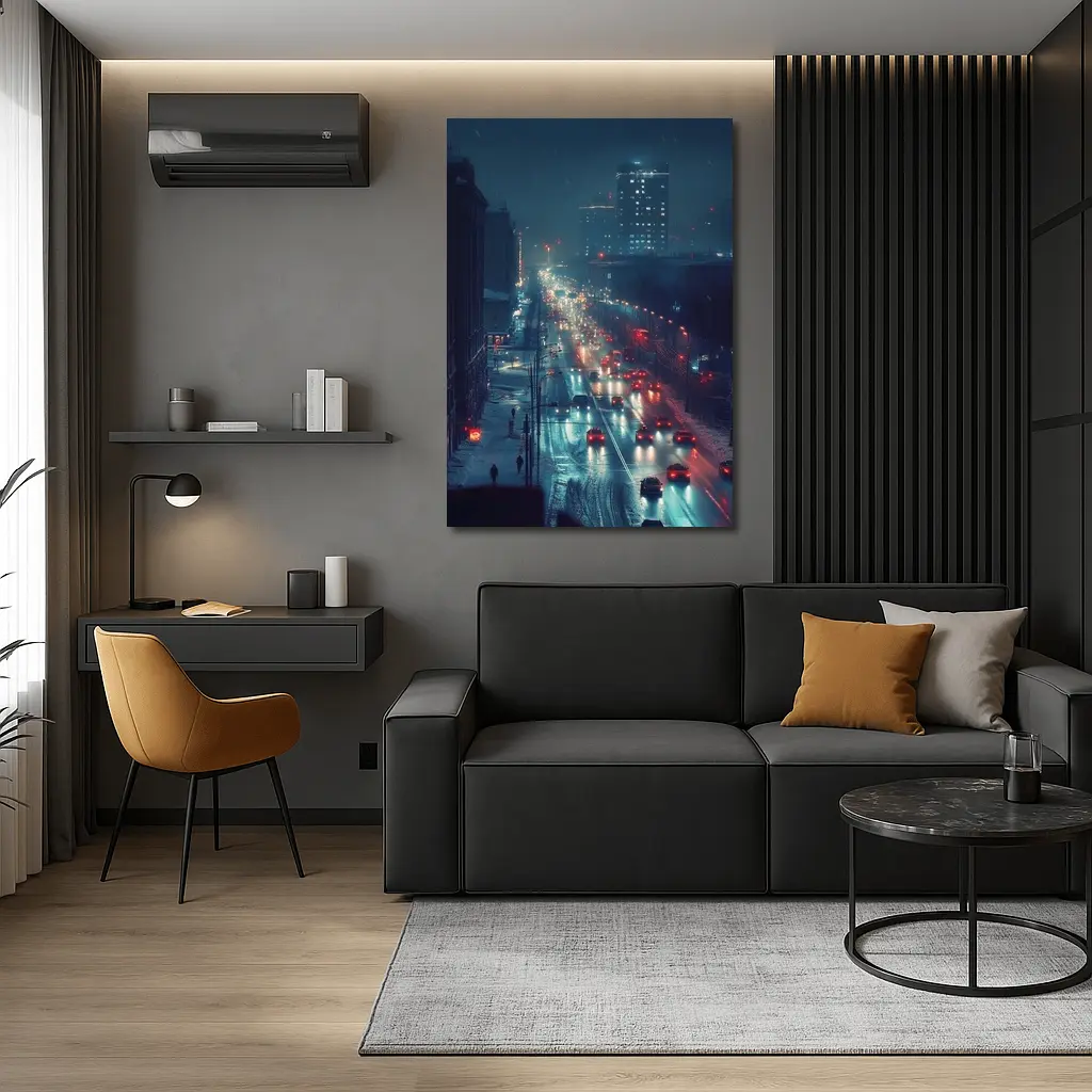 Snowy City Street Night Traffic Lights – Wall Art