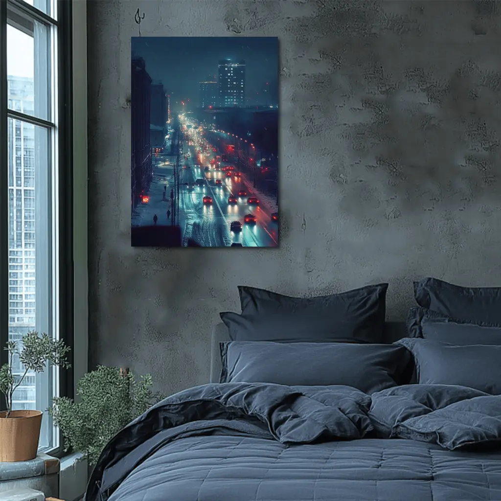 Snowy City Street Night Traffic Lights – Wall Art