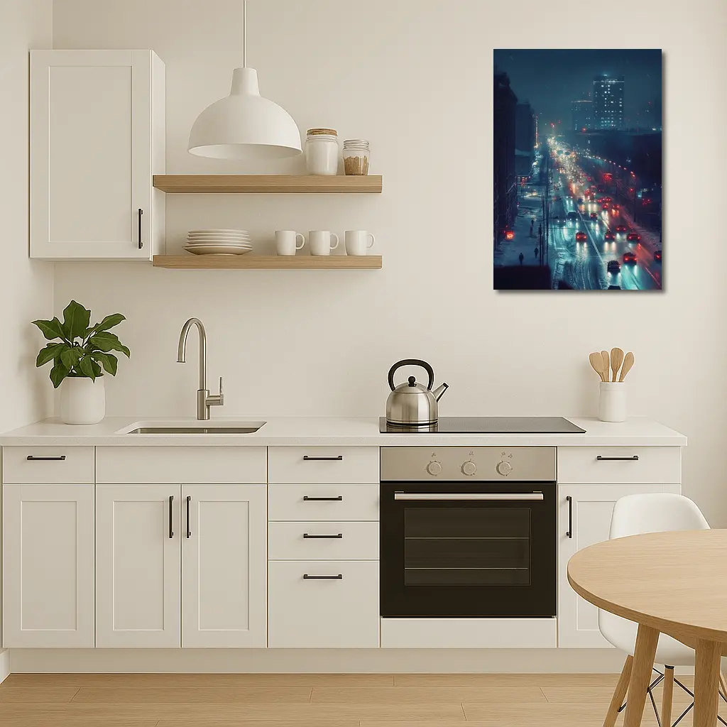 Snowy City Street Night Traffic Lights – Wall Art