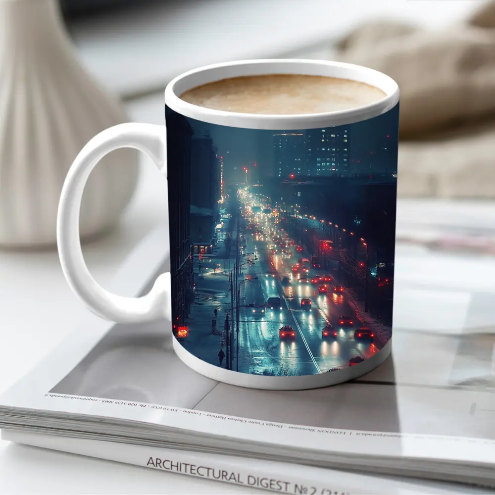 Snowy City Street Night Traffic Lights – Mugs