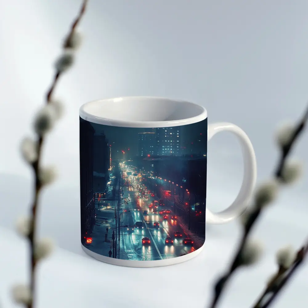 Snowy City Street Night Traffic Lights – Mugs
