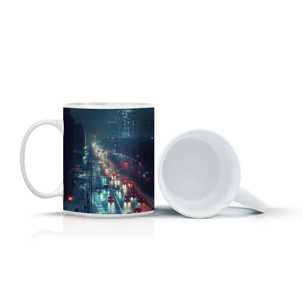 Snowy City Street Night Traffic Lights – Mugs