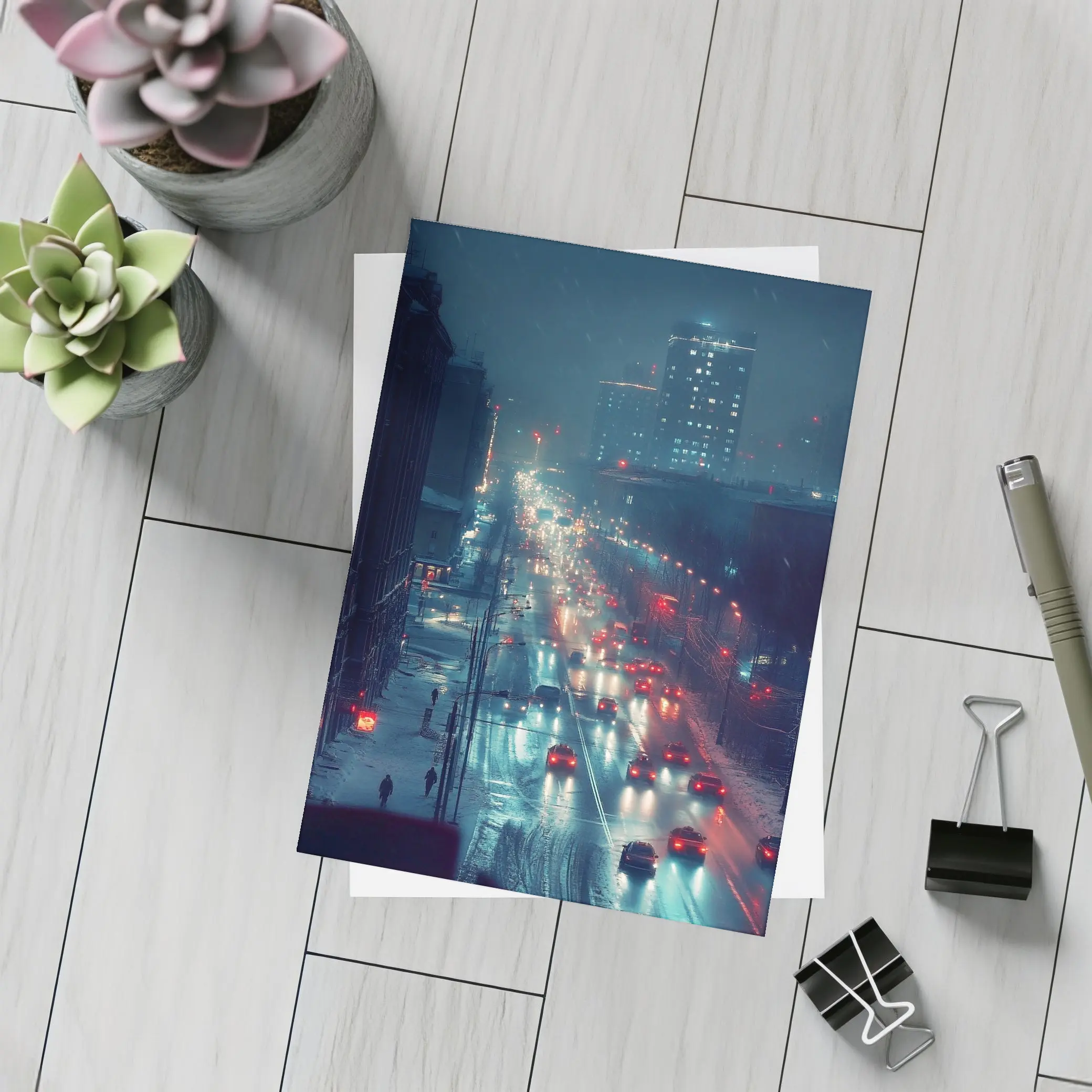 Snowy City Street Night Traffic Lights – Postcards