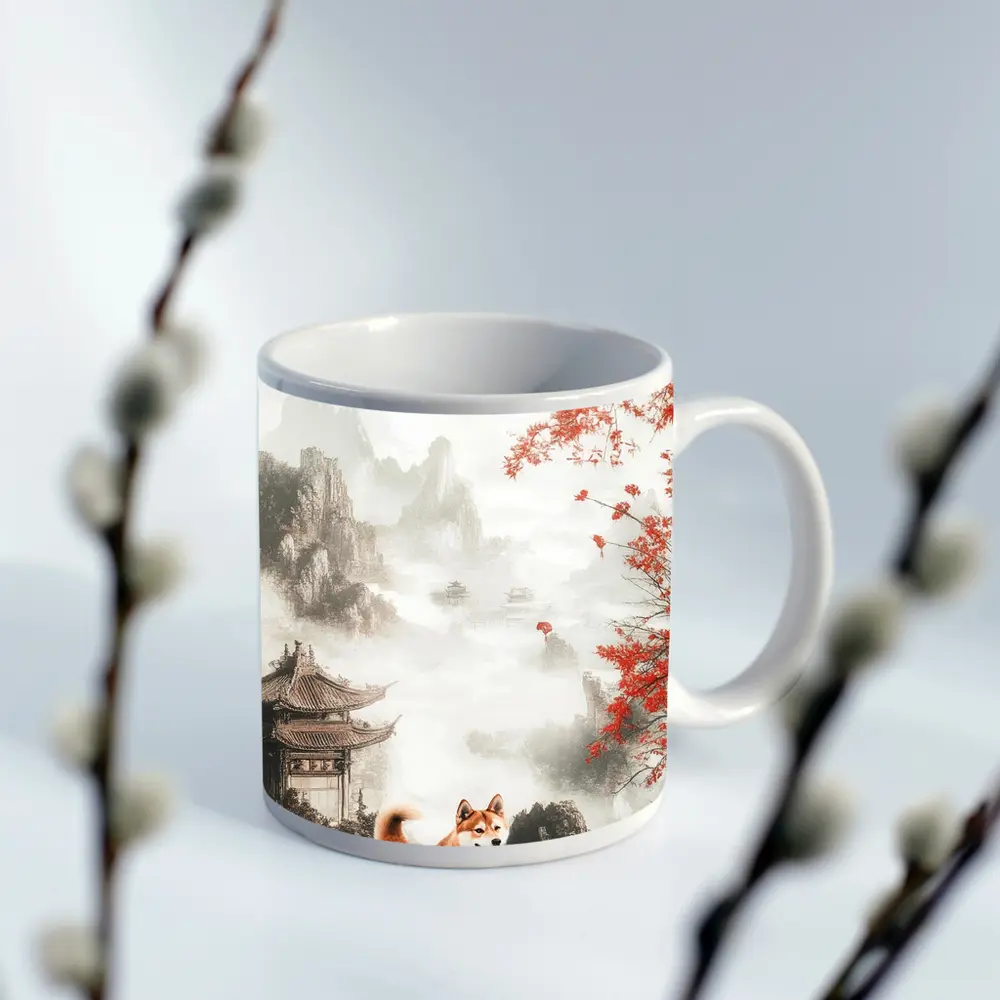 Shiba Inu Dog Chinese Ink Landscape Art – Mugs