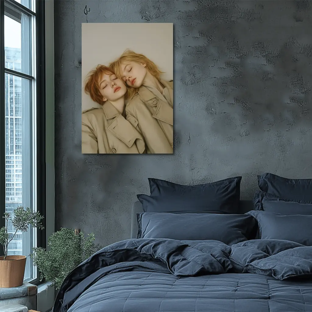 Two Women Resting Together Beige Coats – Wall Art