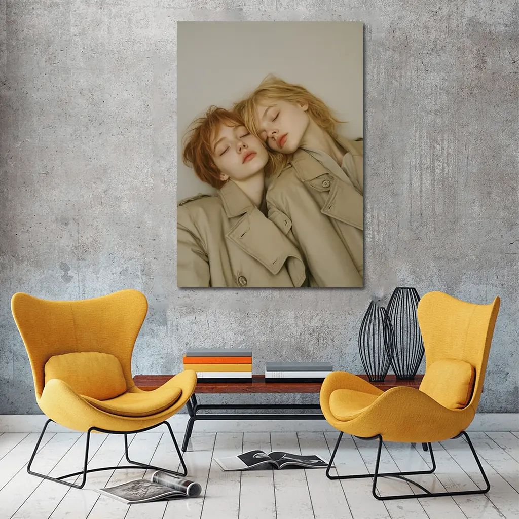 Two Women Resting Together Beige Coats – Wall Art