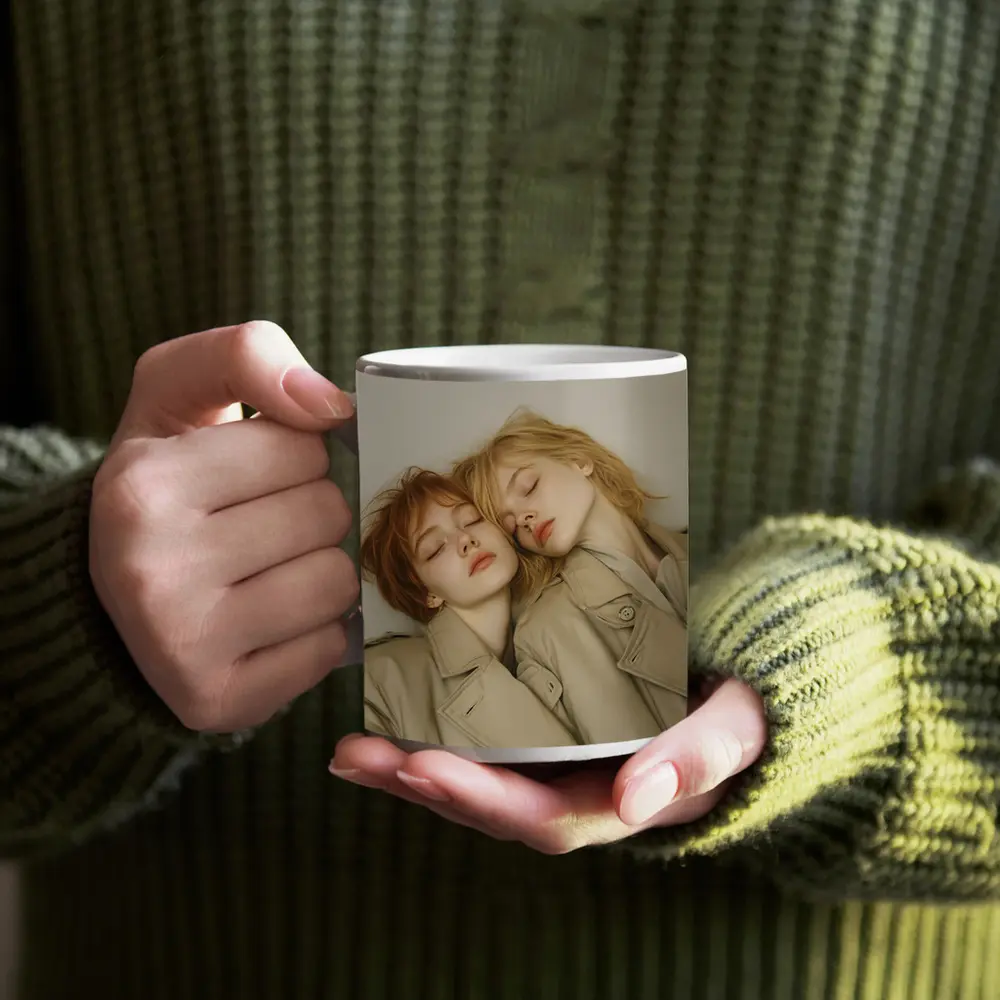 Two Women Resting Together Beige Coats – Mugs
