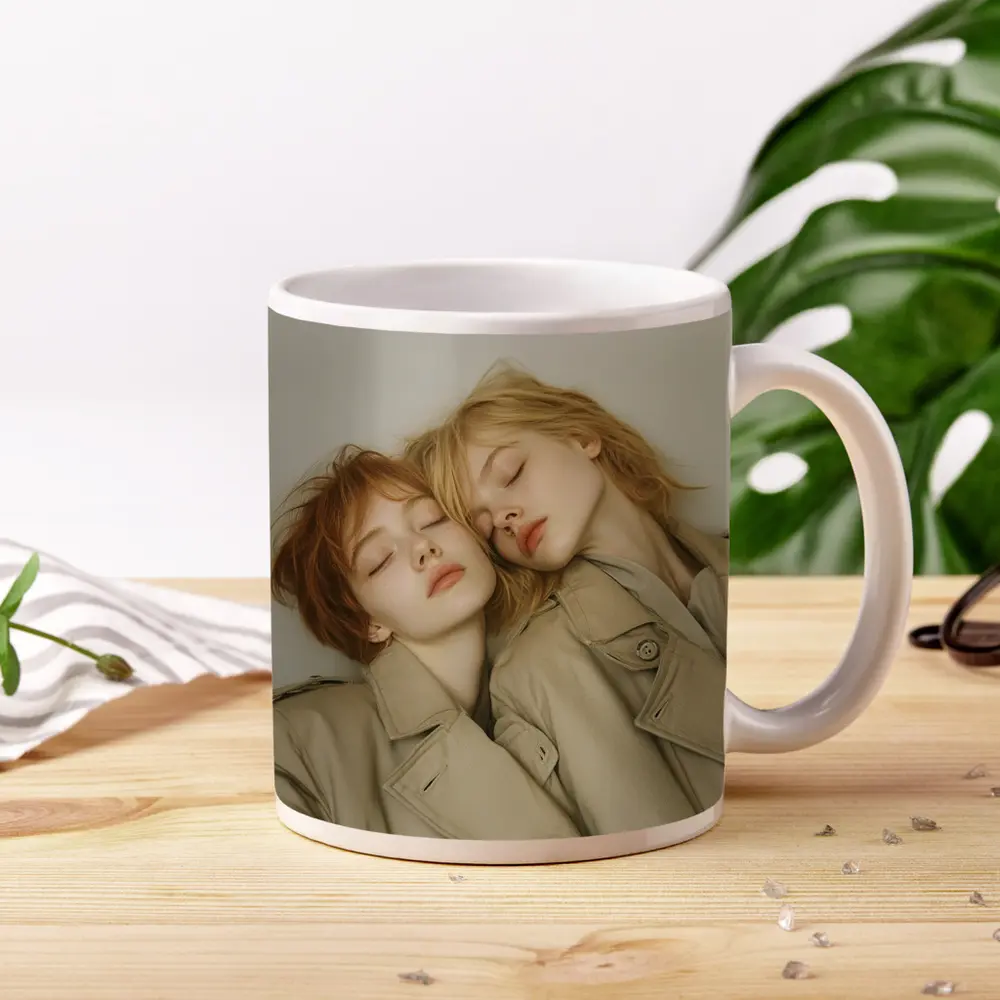 Two Women Resting Together Beige Coats – Mugs
