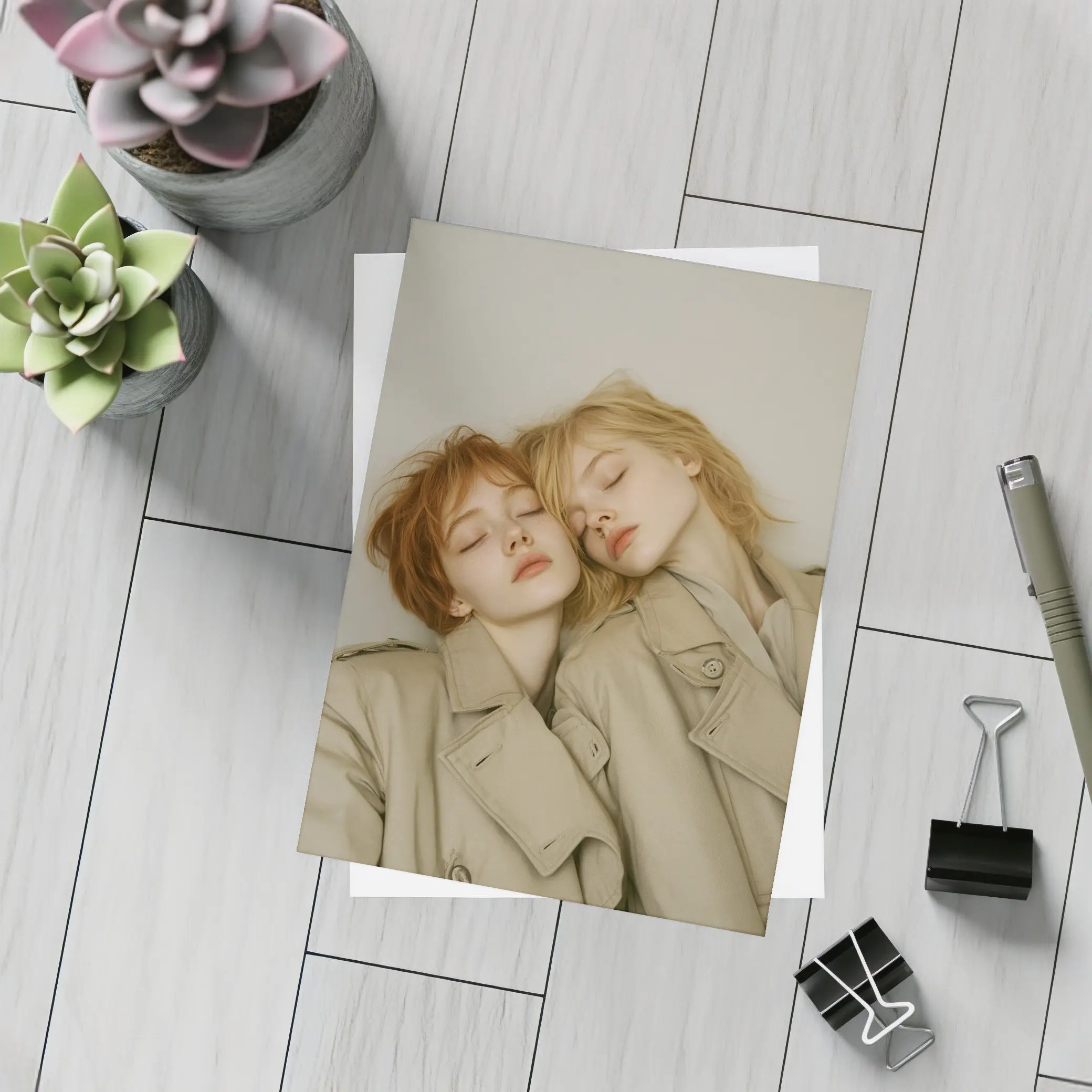 Two Women Resting Together Beige Coats – Postcards