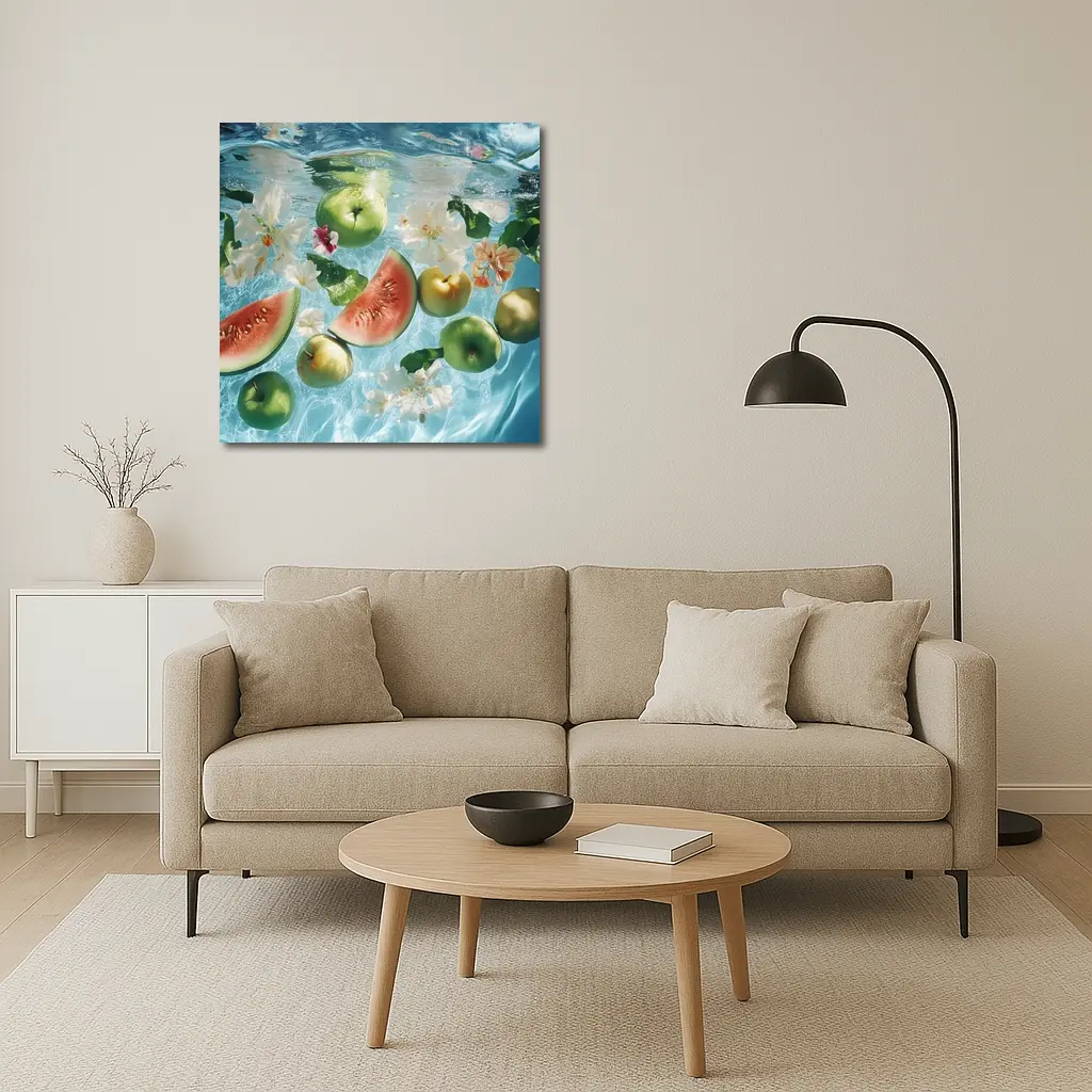 Apples Watermelon Flowers Floating Blue Water – Wall Art