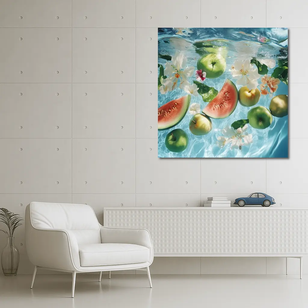 Apples Watermelon Flowers Floating Blue Water – Wall Art