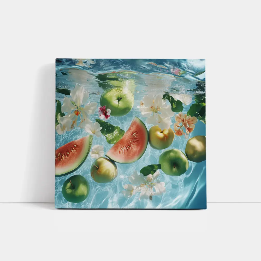 Apples Watermelon Flowers Floating Blue Water – Wall Art