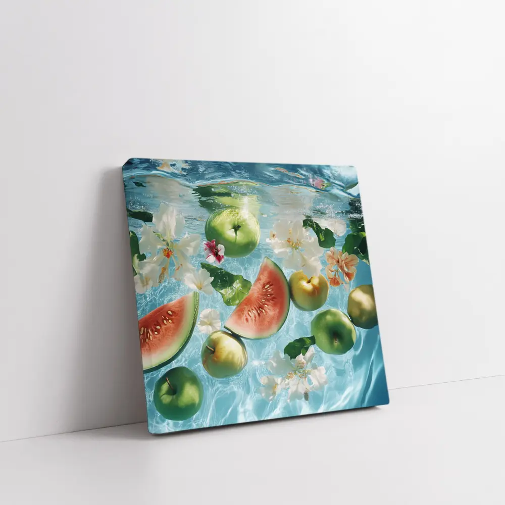 Apples Watermelon Flowers Floating Blue Water – Wall Art