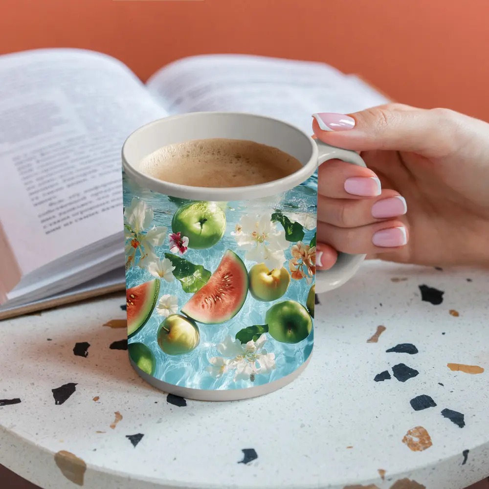 Apples Watermelon Flowers Floating Blue Water – Mugs