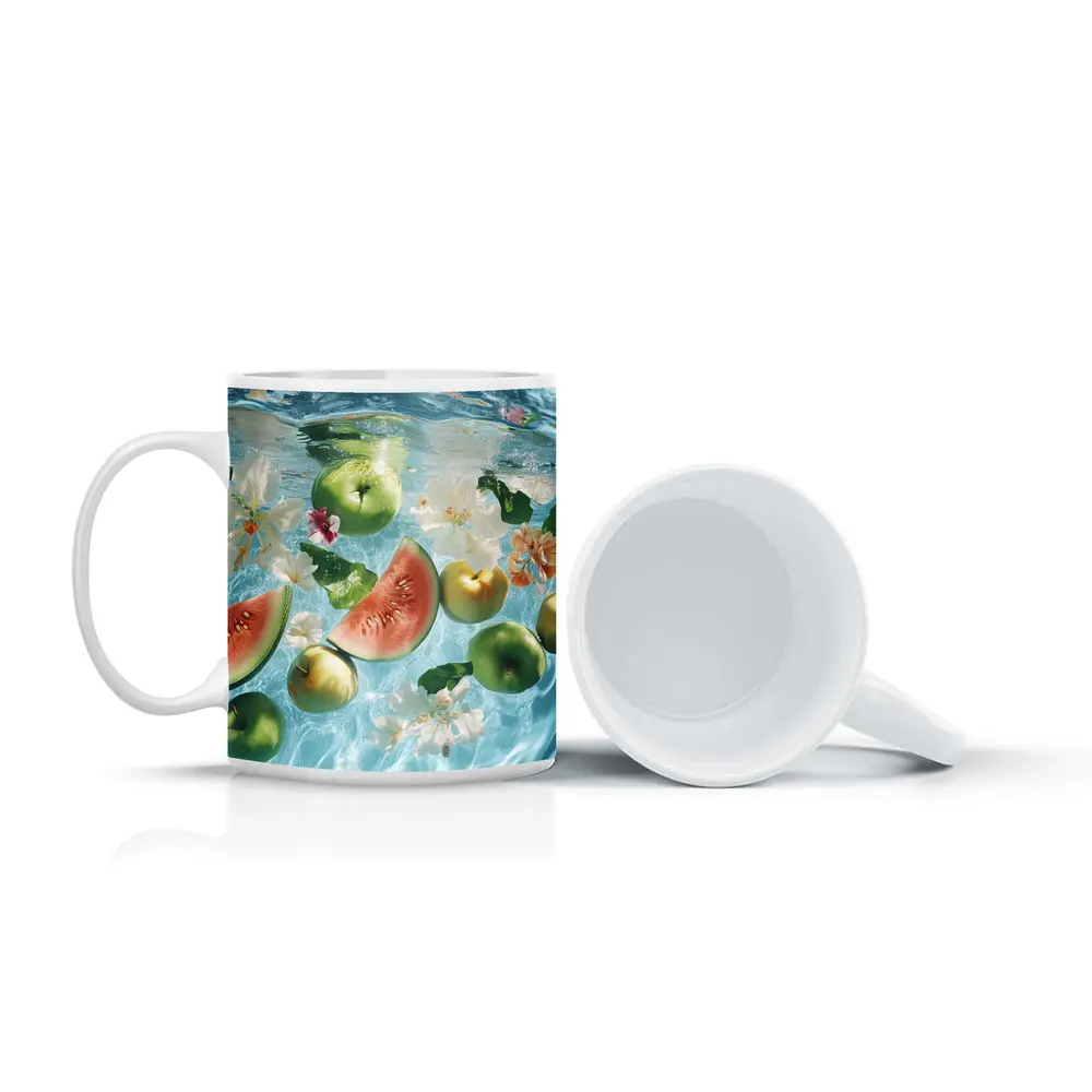 Apples Watermelon Flowers Floating Blue Water – Mugs