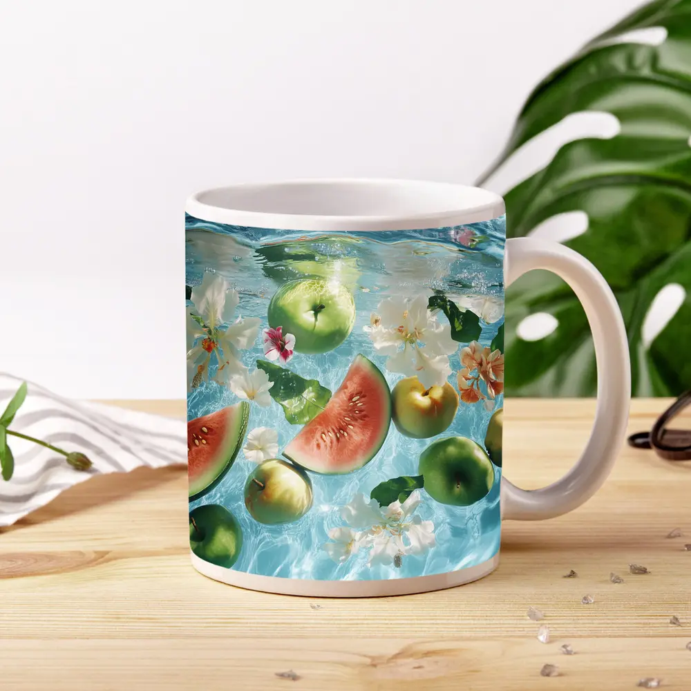 Apples Watermelon Flowers Floating Blue Water – Mugs