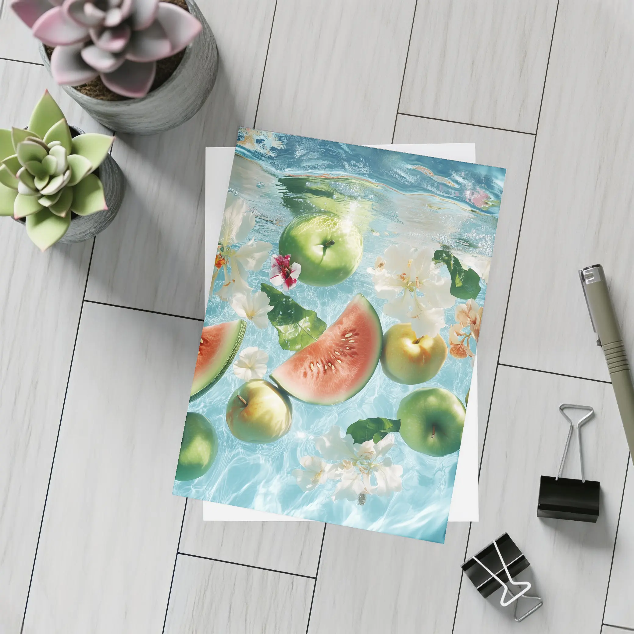Apples Watermelon Flowers Floating Blue Water – Postcards