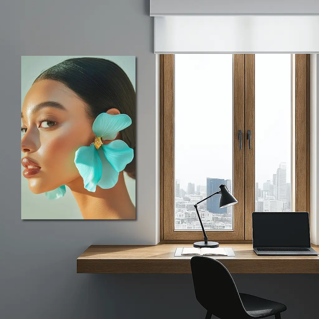 Teal Flower Earring Portrait Beauty Fashion – Wall Art