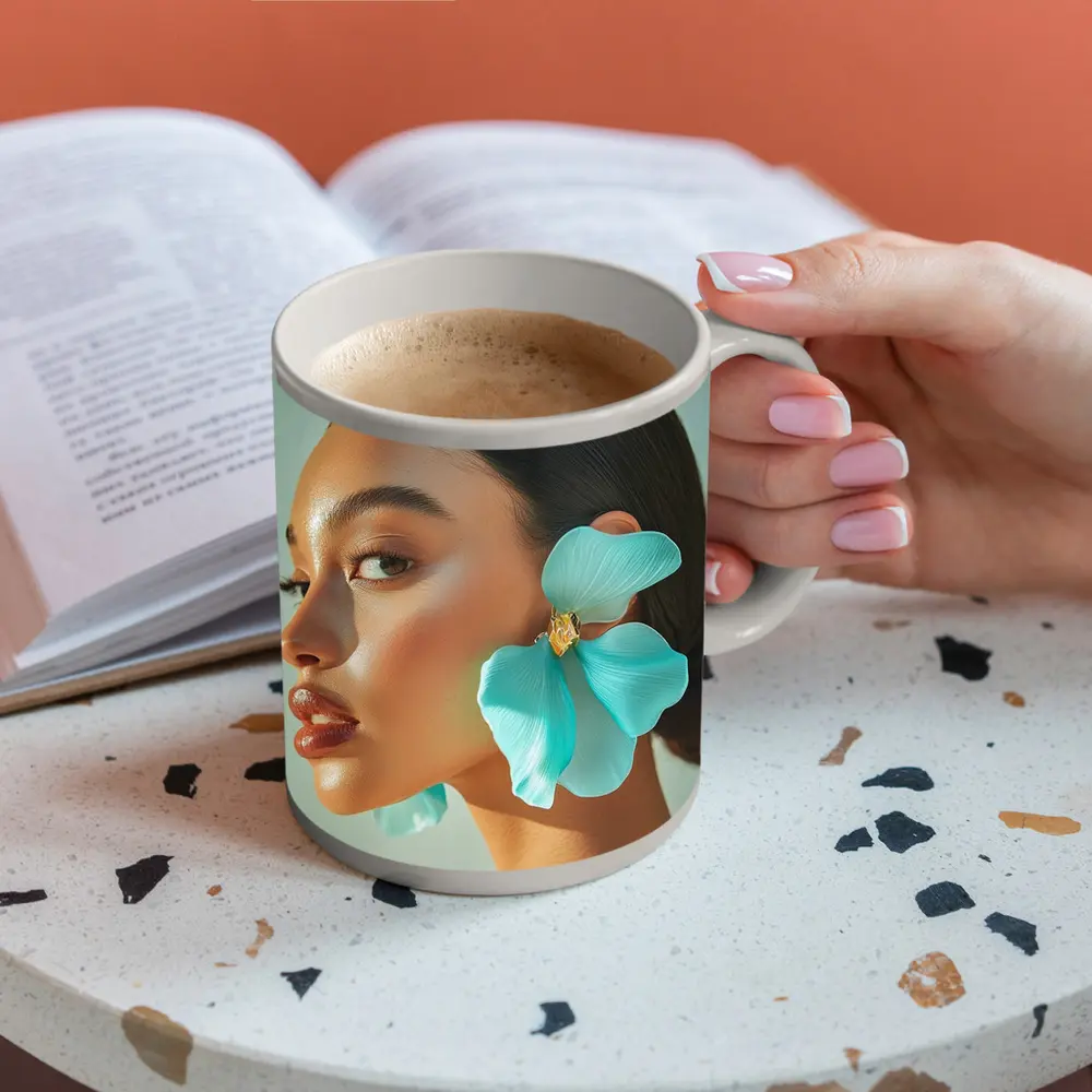 Teal Flower Earring Portrait Beauty Fashion – Mugs
