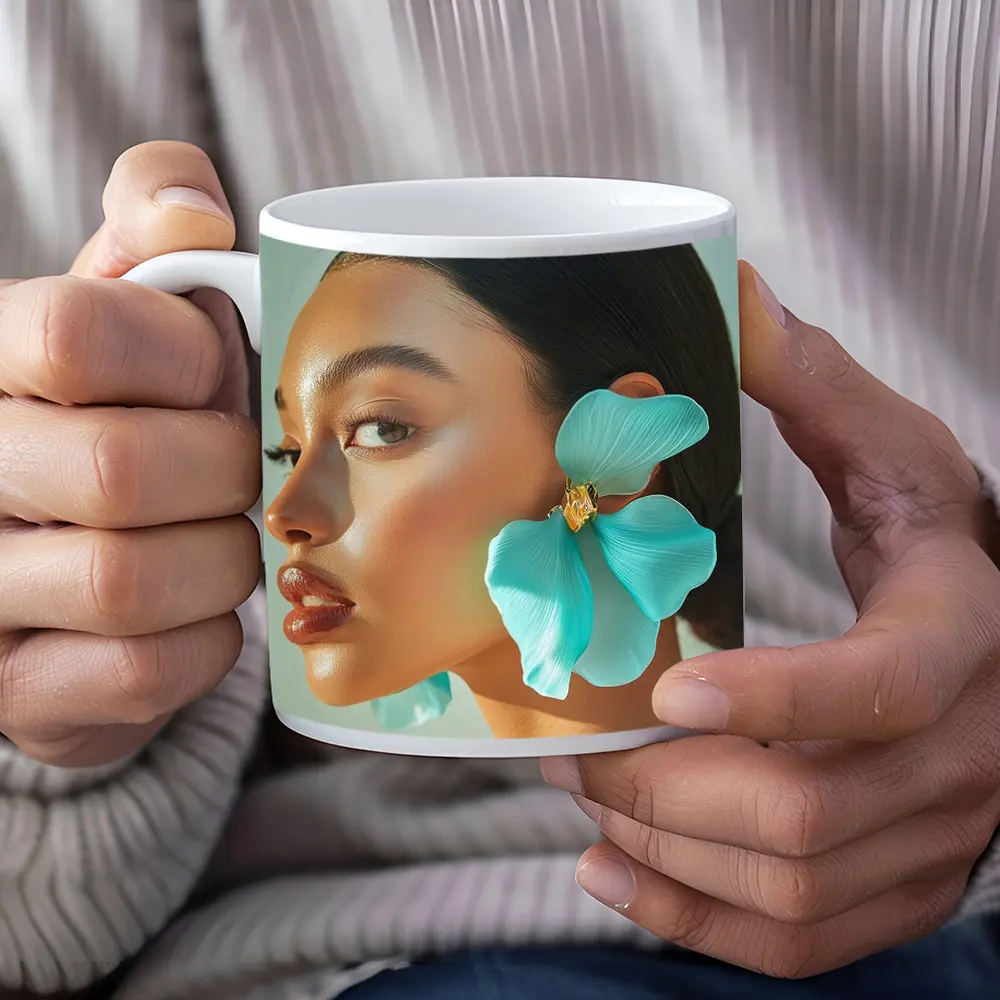 Teal Flower Earring Portrait Beauty Fashion – Mugs