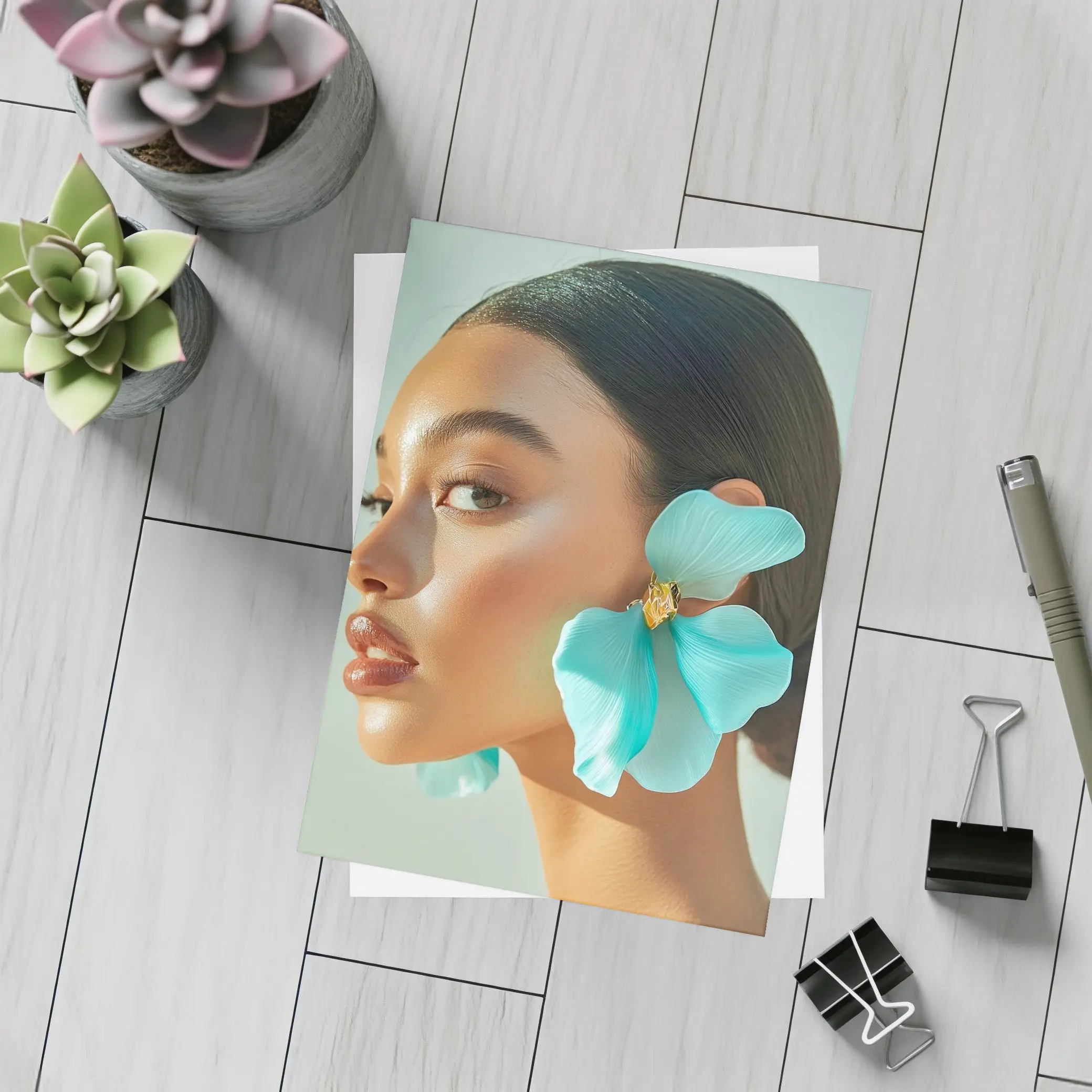 Teal Flower Earring Portrait Beauty Fashion – Postcards