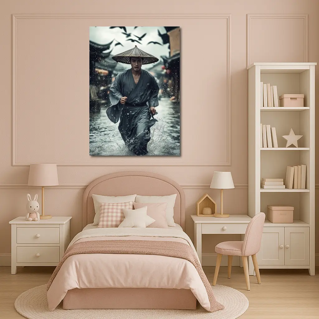 Samurai Running Through Rainy Ancient Street – Wall Art