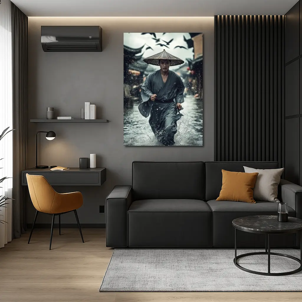 Samurai Running Through Rainy Ancient Street – Wall Art