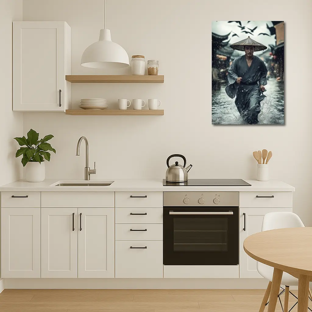 Samurai Running Through Rainy Ancient Street – Wall Art