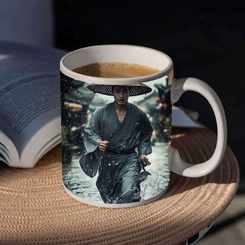 Samurai Running Through Rainy Ancient Street – Mugs