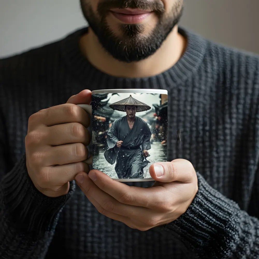 Samurai Running Through Rainy Ancient Street – Mugs