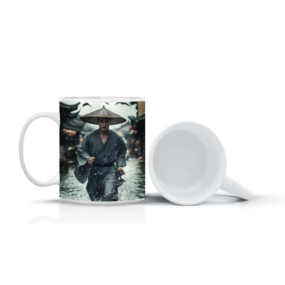 Samurai Running Through Rainy Ancient Street – Mugs