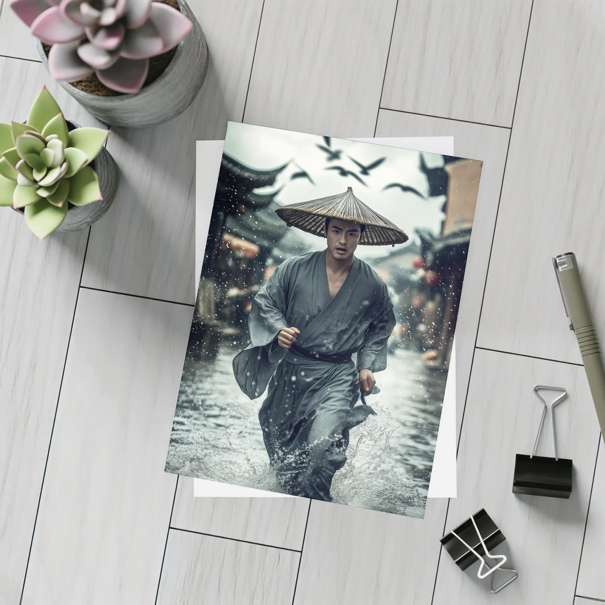 Samurai Running Through Rainy Ancient Street – Postcards