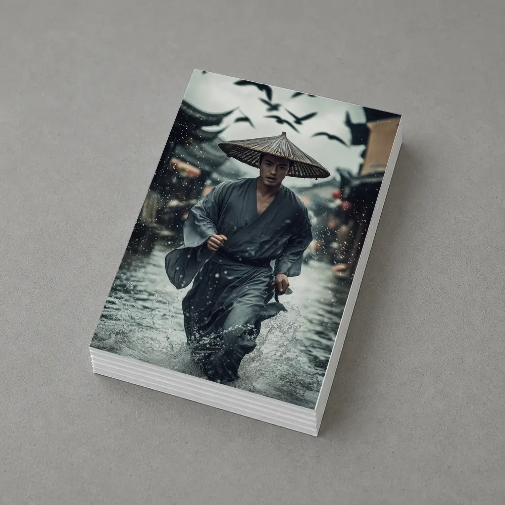 Samurai Running Through Rainy Ancient Street – Postcards