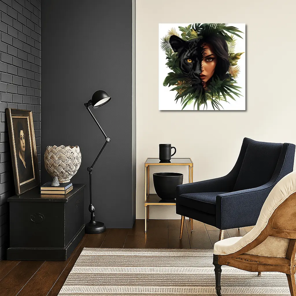 Black Panther Woman Face Tropical Leaves – Wall Art