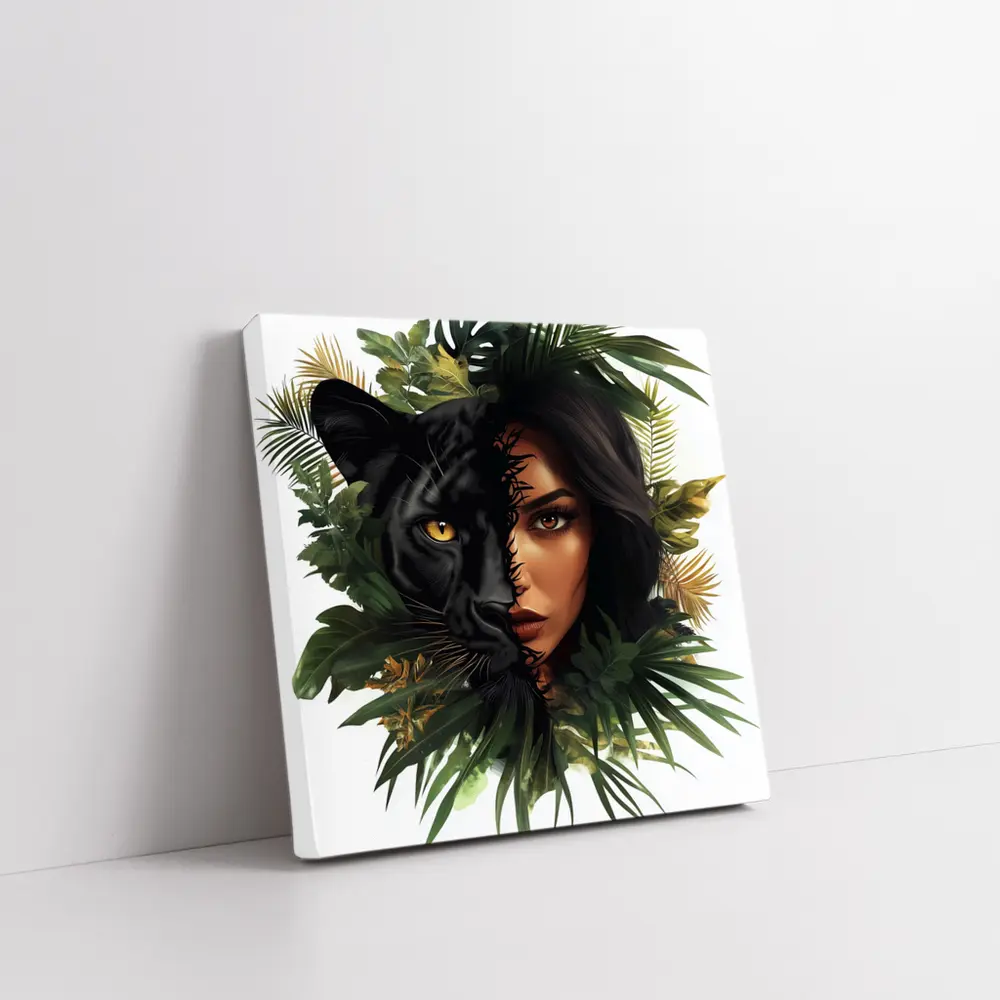 Black Panther Woman Face Tropical Leaves – Wall Art