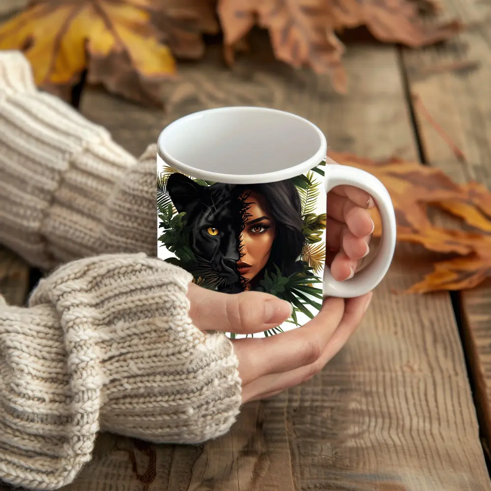 Black Panther Woman Face Tropical Leaves – Mugs