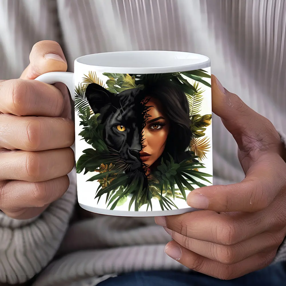 Black Panther Woman Face Tropical Leaves – Mugs