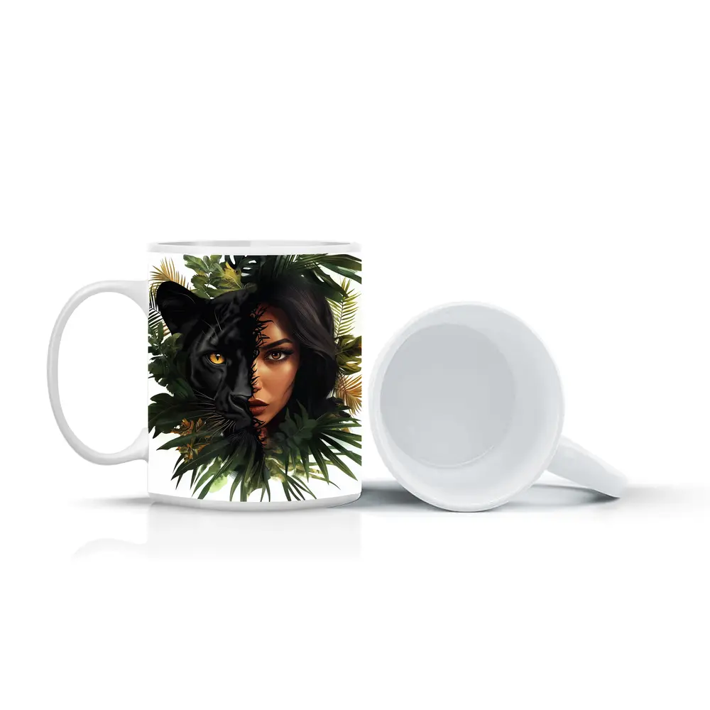 Black Panther Woman Face Tropical Leaves – Mugs