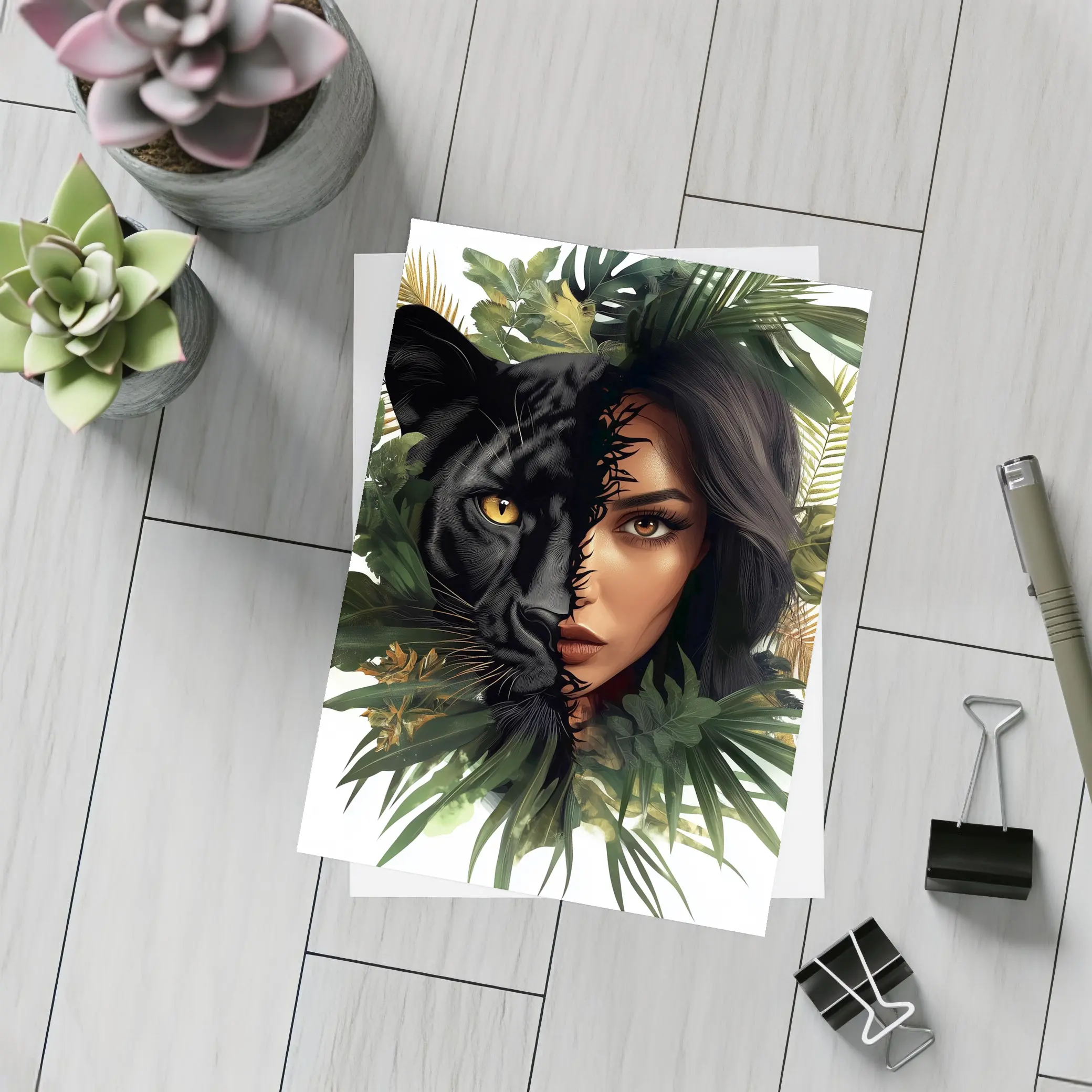 Black Panther Woman Face Tropical Leaves – Postcards