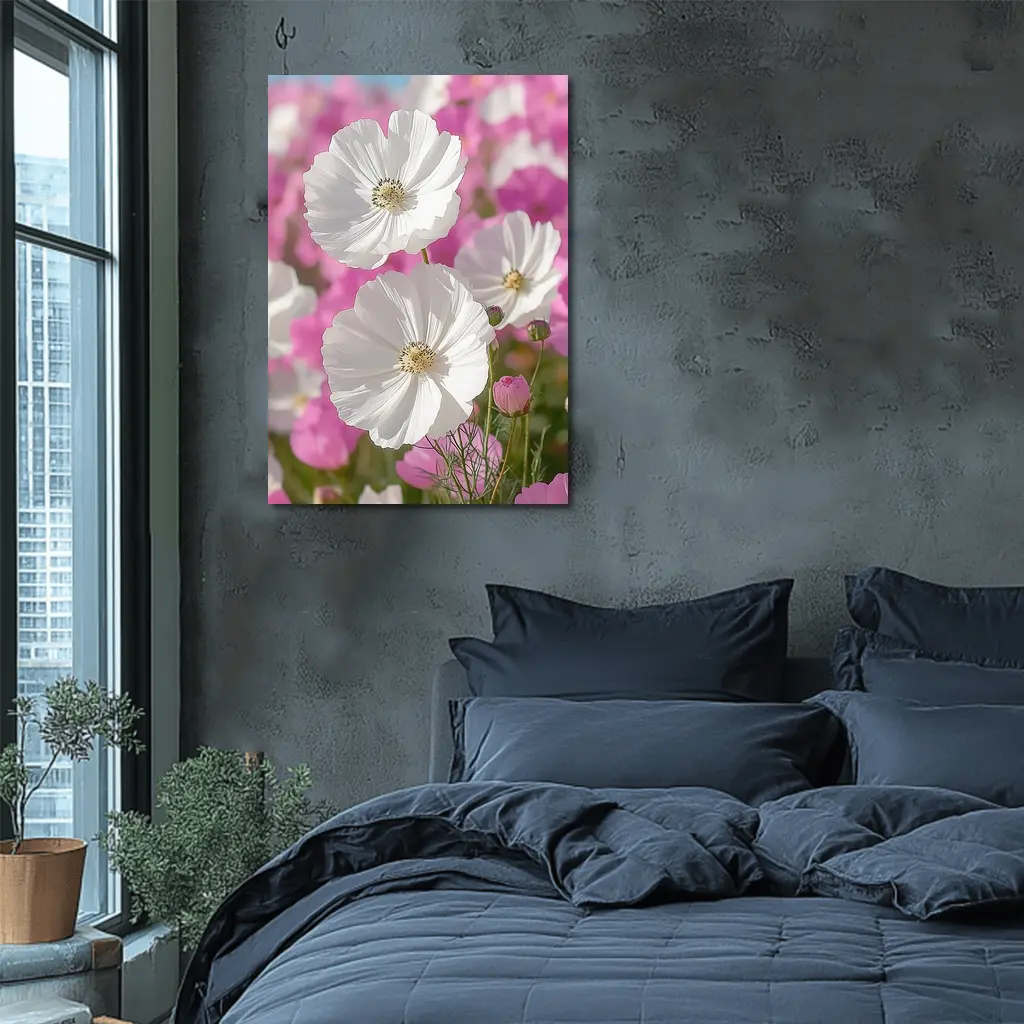 White Cosmos Flowers Pink Field Blue Sky – Wall Art