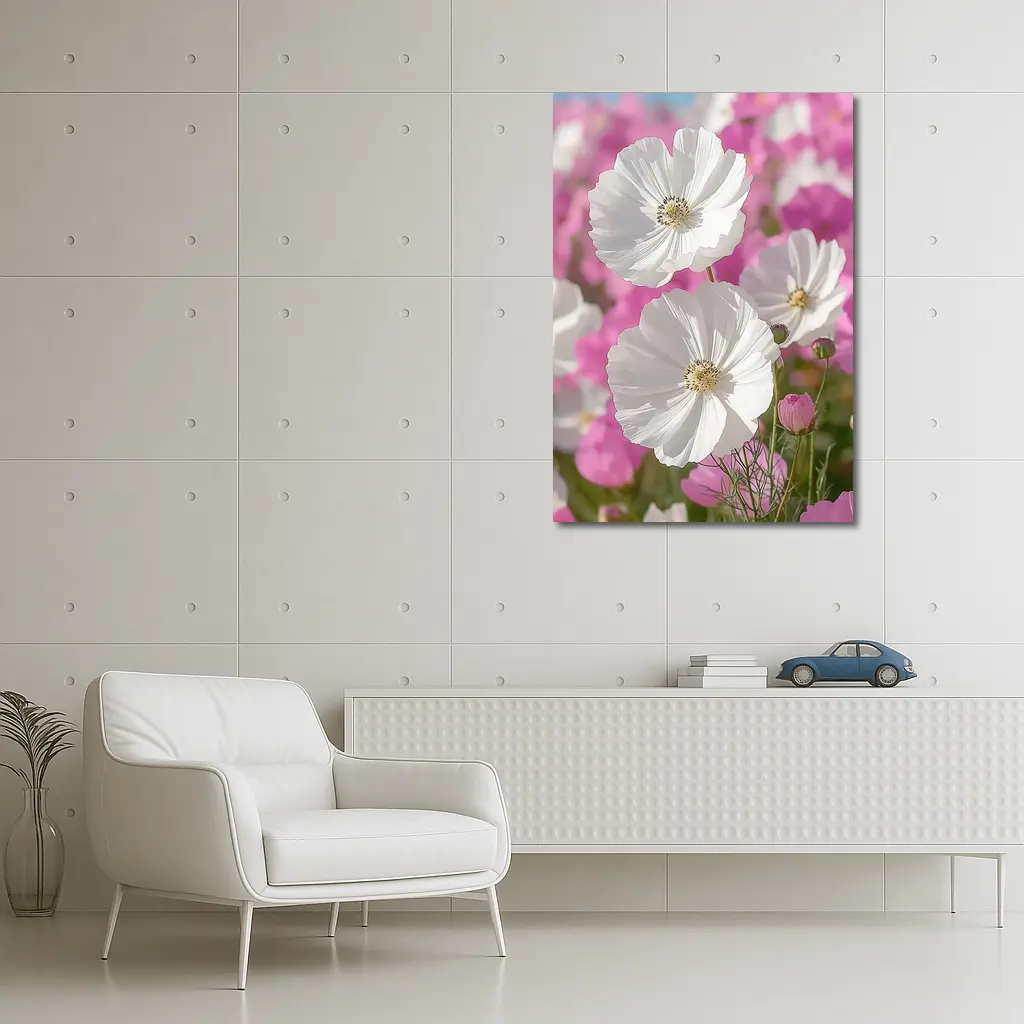 White Cosmos Flowers Pink Field Blue Sky – Wall Art