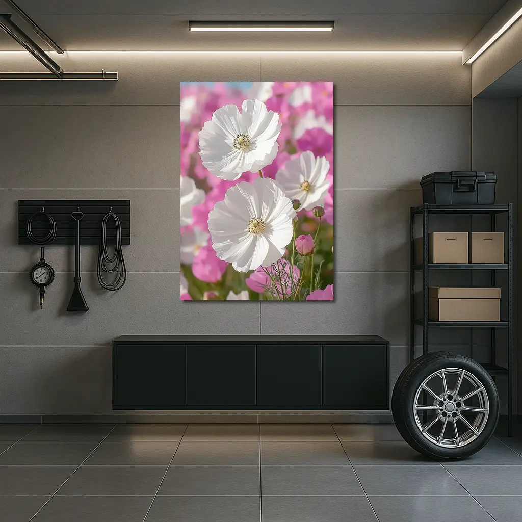 White Cosmos Flowers Pink Field Blue Sky – Wall Art